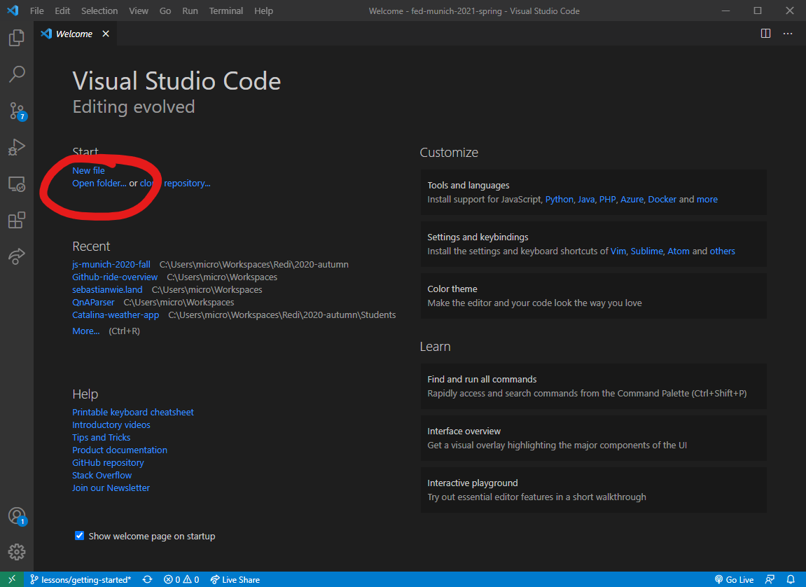 Opening a new folder in VS Code